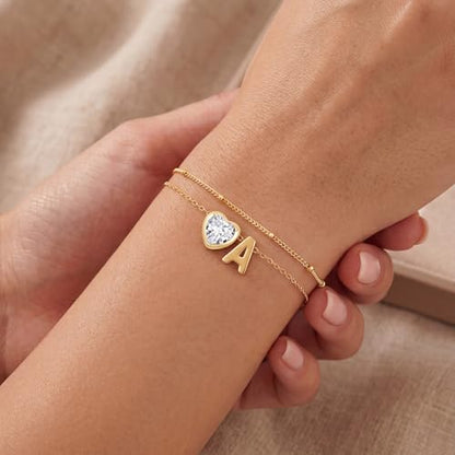 14K Gold Plated Heart Initial Birthstone Gold Bracelets for Women | Dainty Heart Letter A-Z Charm Layered Bracelets Birthday Trendy Jewelry Gifts for Women - color: I