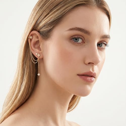 SLUYNZ 925 Sterling Silver Fashion Star Cuff Earring Chain for Women Star Crawler Earring Wrap Earrings - color: One Earring(Left)-B-18K Gold Plated