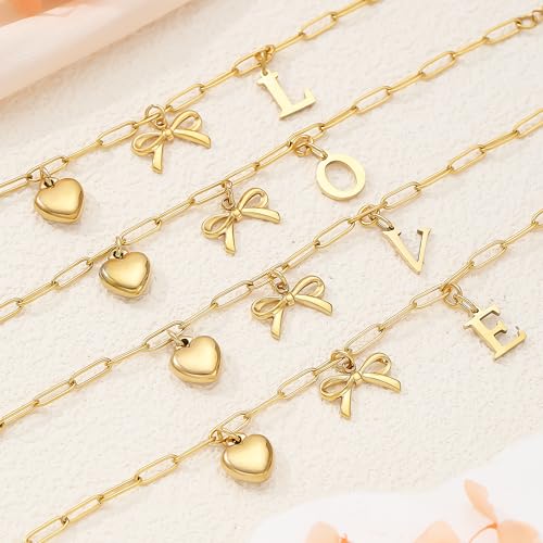 14K Gold Plated Bracelet for Women Simple Jewelry Initial A-Z Bracelet Dainty Chain Gifts for Women Birthday Unique Dainty Letter Charm Bracelet with Bow Anniversaries Gifts for Mother Her Jewelry Gift - style: D