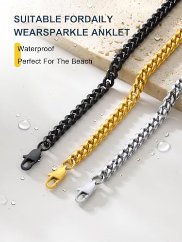ChainsPro Resizable Anklet Chain for Women Men, Figaro/Wheat/Twist Rope/Cuban Foot Bracelet-Strong with Good Clasp-18K Gold Plated(Send Gift Box) - color: 01:curb-Stainless-6mm