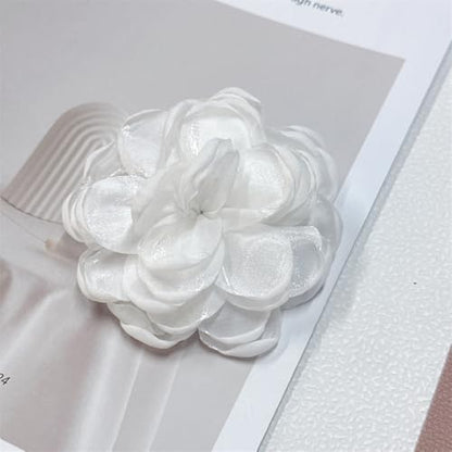 9cm Wedding Fabric Flower Brooch Pin Hair Clip for Women Men Elegant Big Camellia Rose Floral Brooches Lapel Pins Dainty Holiday Party Costume Dress Accessories Jewelry - color: White