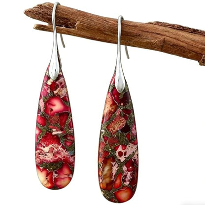 Boho Natural Imperial Jasper Teardrop Dangle Earrings for Women – Hypoallergenic French Hook Stone Drop Earrings Jewelry - color: Red Golden Hook