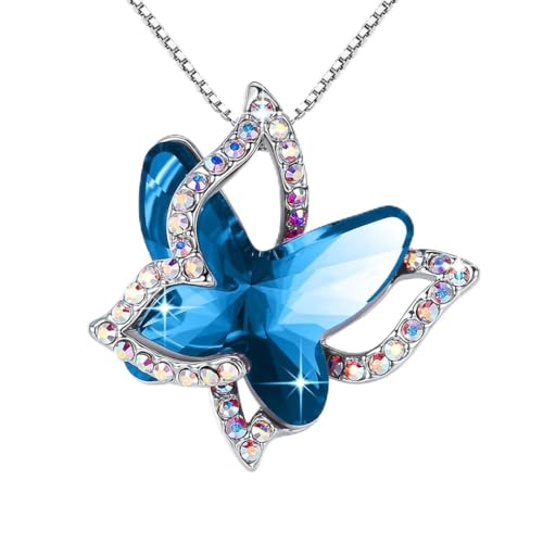 Butterfly Necklace, Birthstone Crystal, for Women, Silver Tone Pendant Jewelry, Anniversary Birthday Gift for Her, Wife & Mom, 18"+2" - color: 09-September Birthstone - Bermuda Sapphire Blue Crystal