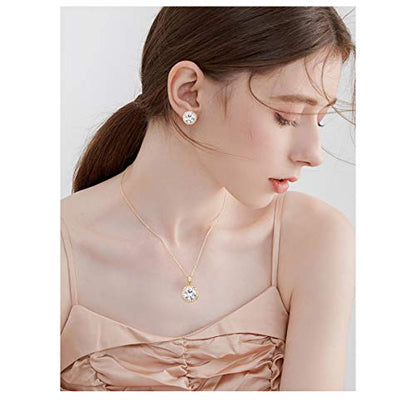 Bridal Crystal Jewelry Set - Sterling Silver Round Cubic Zirconia CZ Rhinestone Halo Birthstone Pendant Necklace Stud Earrings Set for Wedding Bride Bridesmaids Birthday Gift - color: Yellow Gold
