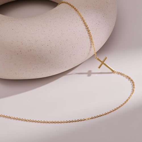 Poxtex Cross Necklace for Women Teen Girls, Dainty 14K Gold Silver Plated Cross Choker Jewelry Non Tarnish Waterproof Cute Simple Small Necklace Christian Baptism Religious Faith Jewelry Gifts - color: 05 Sideways Cross - Gold