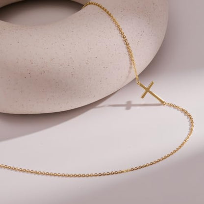 Poxtex Cross Necklace for Women Teen Girls, Dainty 14K Gold Silver Plated Cross Choker Jewelry Non Tarnish Waterproof Cute Simple Small Necklace Christian Baptism Religious Faith Jewelry Gifts - color: 05 Sideways Cross - Gold
