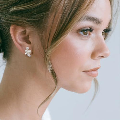Crysdue Clip On Simulated Pearl Earrings, Sparkle Cubic Zirconia Stud Earring Wedding Jewelry for Women Brides Bridesmaid Silver