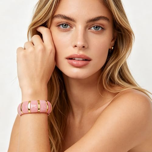 YBMYCM Acrylic Chunky Bangles Bracelets for Women Resin Gold-plated Stackable Stretch Bracelet Wide Wristbands Gift Jewelry - color: Pink