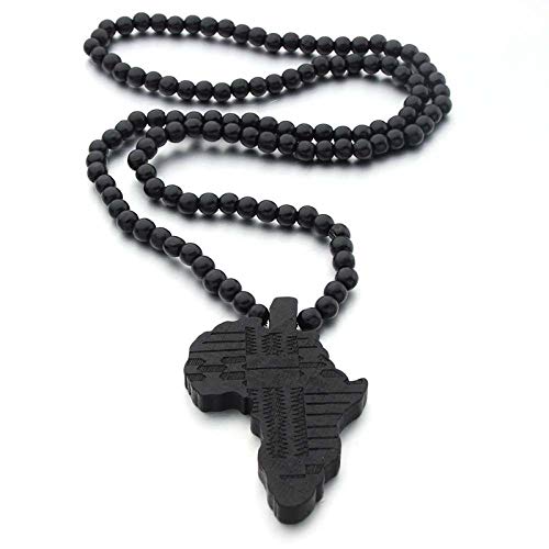 COLORFUL BLING Multicolor 8MM Wooden Bead Chain African Hip-hop Africa Map Pendant Necklace for Men Boys Natural Wood Jewelry - color: black