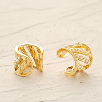 Women Ear Cuff Earrings Gold Non Pierced Cartilage Clip on Open Wrap Twist Hoop 14K Gold Plated Simple Hypoallergenic Everyday Jewelry - style: Rotating / Pair