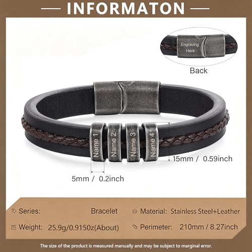 Personalized Bracelet for Men, Engraved Name Bead Braided Leather Bracelet for Dad Husband Grandpa Son, Custom Stainless Steel Men's Bracelet - color: 4 names