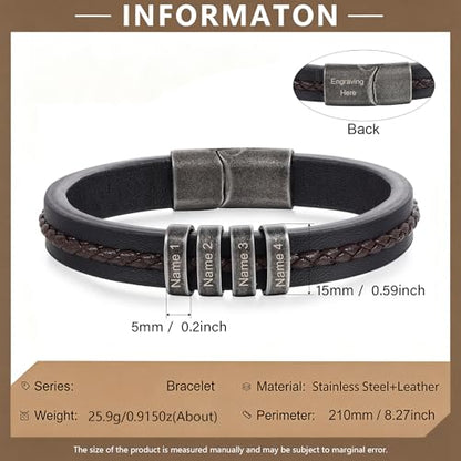 Personalized Bracelet for Men, Engraved Name Bead Braided Leather Bracelet for Dad Husband Grandpa Son, Custom Stainless Steel Men's Bracelet - color: 4 names
