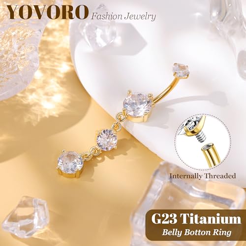 14G G23 Titanium Dangle Belly Button Rings for Women CZ Round Belly Rings Internally Threaded Flower Navel Ring Hypoallergenic Curved Barbell Belly Piercing Jewelry - style: CZ-Gold