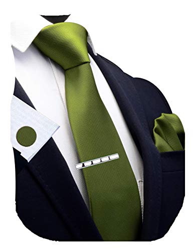 GUSLESON New 3.15"（8cm） Solid Color Necktie and Pocket Square Cufflinks Clip Set - color: Olive Green