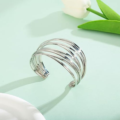 Gold Cuff Bracelet for Women Chunky Multi-layer Cross Wire Open Bracelet Hollow Wide Cuff Bracelets Adjustable Gold Open Cuff Bangle Bracelet - color: Wide Wire Silver Bracelet