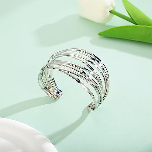 Gold Cuff Bracelet for Women Chunky Multi-layer Cross Wire Open Bracelet Hollow Wide Cuff Bracelets Adjustable Gold Open Cuff Bangle Bracelet - color: Wide Wire Silver Bracelet