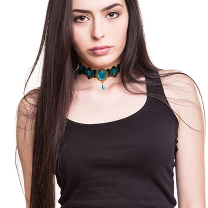 Lace Choker Witch Necklace for Women Halloween Gothic Lace Collar Punk Rhinestone Gothic Necklace Prom Jewelry Halloween Vampire Choker Necklace Costume Emo Witch Accessories - color: Blue