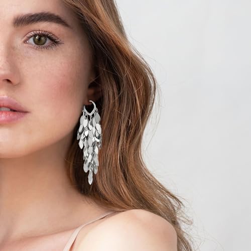 Long Dangle Earrings For Women, Fringe Chandelier Earrings Punk Metal Chain Earrings Hypoallergenic Lightweight Tassel Drop Earrings - color: Fringe-Silver