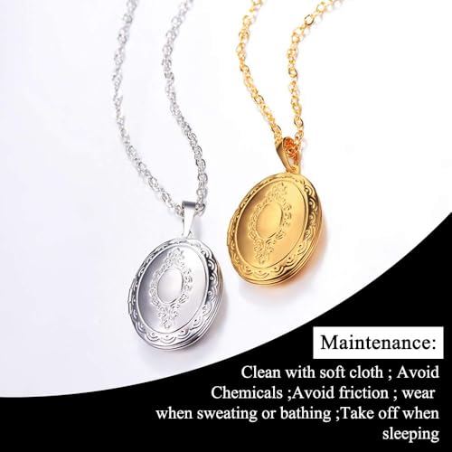 U7 Custom Photo Locket Necklace - Oval & Heart Shaped Locket - Gold/Silver/Rose Gold Personalized Image Necklaces for Women - color: 01-Oval Gold, style: c. locket+photo+text