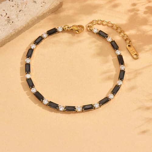 18K Gold Plated Multi-Color Classic Tennis Bracelet for Women Dainty Color 3mm Rainbow Cubic Zirconia Bracelet Adjustable CZ Gold Bracelets Trendy Summer Jewelry Gift - style: Black-Gold