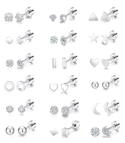 18Pairs 20G 18G Stainless Steel Tiny Stud Earrings for Women Cartilage Helix Earrings Ball Star CZ Earrings - color: Sliver, size: 20G