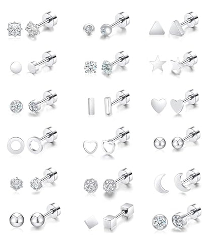 18Pairs 20G 18G Stainless Steel Tiny Stud Earrings for Women Cartilage Helix Earrings Ball Star CZ Earrings - color: Sliver, size: 20G