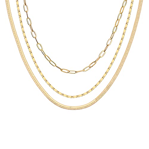 PAVOI 14K Gold Plated Dainty Layering Necklaces for Women | Snake Chain, Curb Link, Paperclip Layered Chains | Trendy Layering Necklace - style: Triple