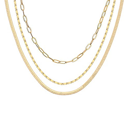 PAVOI 14K Gold Plated Dainty Layering Necklaces for Women | Snake Chain, Curb Link, Paperclip Layered Chains | Trendy Layering Necklace - style: Triple