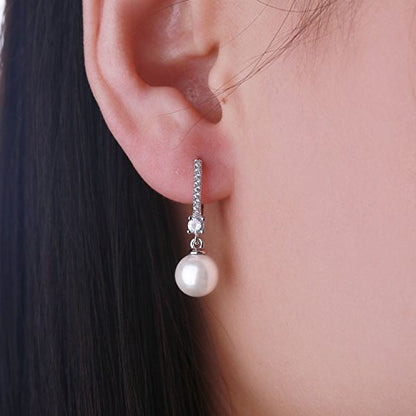 JO WISDOM 925 Sterling Silver Freshwater Pearl Hoop Earrings with Dangle Real Pearl,Simulated Pearls - color: C-10mm white pearl,round shape