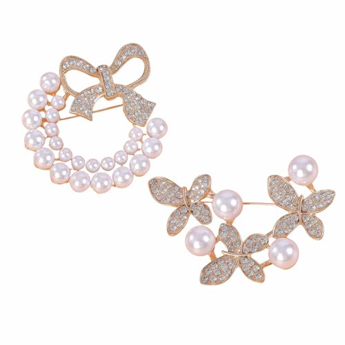 2pcs Rhinestone Brooch Pin for Women Dress Elegant Stylish Crystal Brooches Fashion Accessories Pins Lapel Boutonniere Ideas Wedding Christmas Birthday Jewelry Easter Gift - color: 02 Gold Pearl