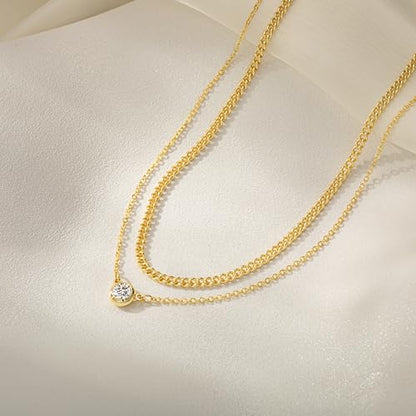 Tewiky Dainty 14k Gold Plated/Silver Cubic Zirconia Necklaces for Women, Simple CZ Jewelry Necklaces Trendy Gifts - color: Gold layered cuban CZ