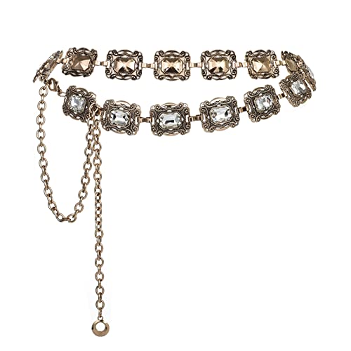 ILuvatar Green Glass Diamond Chain Belt - Metal Women's Western Style Dress Belt - color: Golden-u3