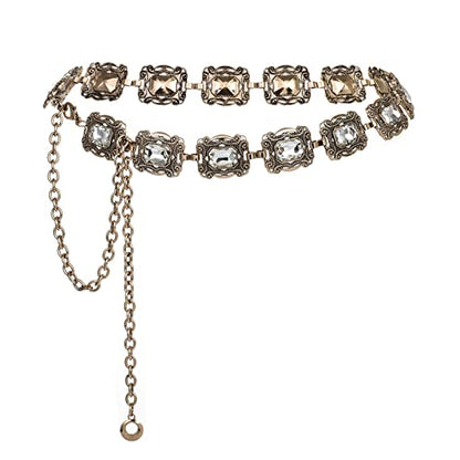 ILuvatar Green Glass Diamond Chain Belt - Metal Women's Western Style Dress Belt - color: Golden-u3