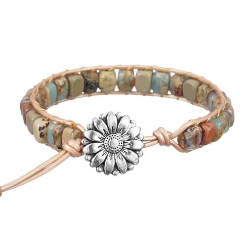 Plumiss Women Boho Handmade Natural Stone Crystal Leather Bead Wrap Bracelets Collection - style: Agalmatolite 1W