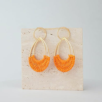 Raffia Hoop Earrings for Women Fun Boho Summer Beach Earrings Lightweight Handmade Straw Wicker Rattan Dangle Earrings Statement Geometric Round Drop Earrings - color: Orange - Teardrop