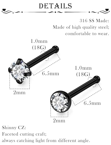 18G 20G 22G Stainless Surgical Steel Titanium Nose Rings Studs for Women L Shaped Nose Studs Screw Nose Rings Nostrial Piercing Jewelry for Women Men Silver Gold Black - style: 18G/2mm CZ/Straight/Black