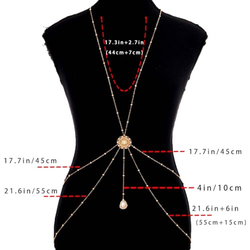 Gold Body Chain for Women Layered Rhinestone Waist Chains Summer Beaded Bra Body Jewelry Gifts - color: White
