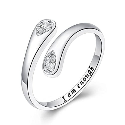 Fookduoduo 925 Sterling Silver Ring Inspirational Jewelry adjustable Wrap Open Rings for Women - style: I am enough Stlye 2