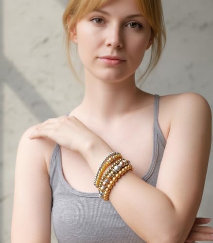 Noessla Beaded Pearl Stretch Bracelet Silver Stackable Crystal Beads Bracelets Trendy Costume Jewelry Mothers Day Gifts for Women - color: Champagne