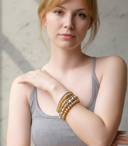 Noessla Beaded Pearl Stretch Bracelet Silver Stackable Crystal Beads Bracelets Trendy Costume Jewelry Mothers Day Gifts for Women - color: Champagne
