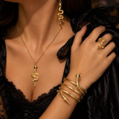 choice of all Snake Medusa Jewelry Gold Snake Necklace Earrings Bracelet Ring Set Gothic Punk Statement Jewelry Halloween Costume Accessories - color: gold