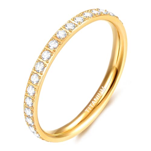 TIGRADE 2mm Women Titanium Eternity Ring Cubic Zirconia Anniversary Wedding Engagement Band Size 3-13.5 - color: Gold