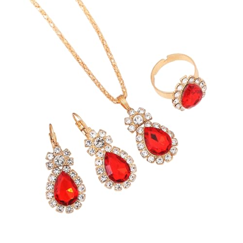 Teardrop/Heart Crystal Jewelry Set for Women, Gold Tone Rhinestone Necklace Earrings Ring Set, Wedding Bridal Prom Party Jewelry Gift - color: Red (teardrop)