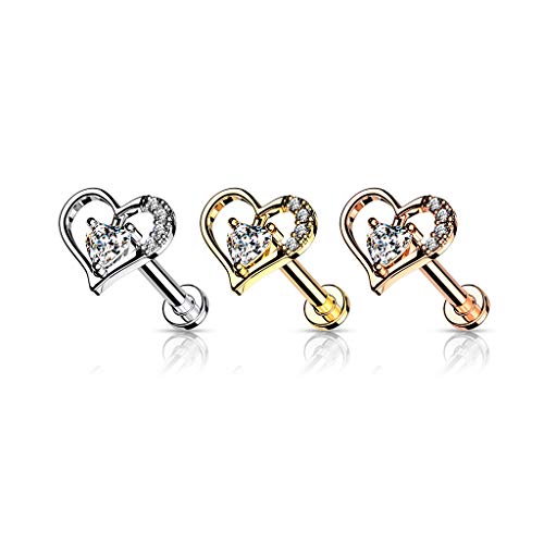 16GA Paved Heart Contour Heart CZ Solitaire Internally Threaded 316L Surgical Steel Flat Back Studs for Labret, Monroe, Cartilage and More - style: Rose Gold, 16GA, L.5/16" (8mm)