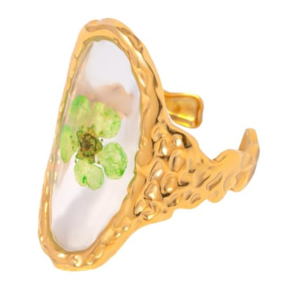 Hebelee Handmade Dried Flower Statement Ring for Women | Gold-Toned Stainless Steel,Adjustable,Pressed Blossom Forget-Me-Not Flowers Open Band Rings,Wedding Holiday Jewelry - color: Hammered Oval A