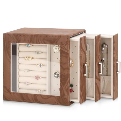 DesignSter Jewelry Box Organizer, Jewelry Box for Women, PU Jewelry Organizer Display Case with Side Drawers, Jewelry Storage for Earring Necklace Ring Bracelet Watch - color: Brown