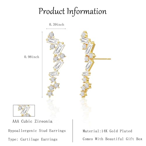 Robaice Cartilage Climber Earrings for Women，14K Gold Plated Helix Stud | Trendy Cluster Earrings, CZ Stud Earring, Tragus Conch Daith Piercing, Ear Crawer,Hypoallergenic Jewelry Gift for Women - color: B-Cluster CZ