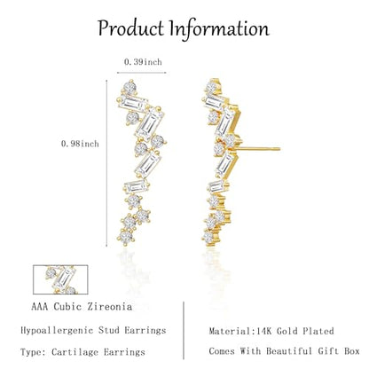 Robaice Cartilage Climber Earrings for Women，14K Gold Plated Helix Stud | Trendy Cluster Earrings, CZ Stud Earring, Tragus Conch Daith Piercing, Ear Crawer,Hypoallergenic Jewelry Gift for Women - color: B-Cluster CZ