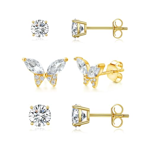Butterfly Stud Earrings Set for Women, Small CZ Earrings Studs Set | 14K Gold Plated Stud Earring 3 Stack, Hypoallergenic with S925 Silver Posts, Everyday Jewelry Set for Women’s Daily Styling - color: 14k gold