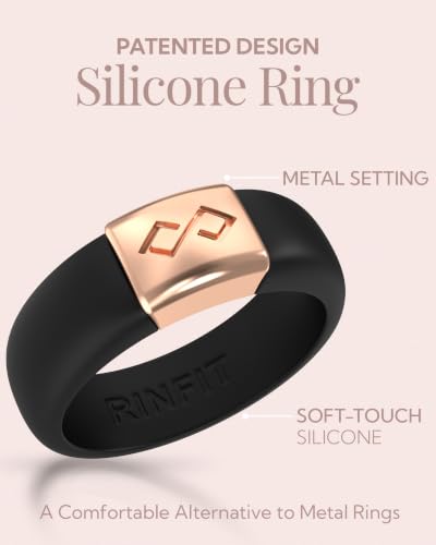 Rinfit Silicone Rings for Women 6mm Wide & Men 7mm Wide, 2mm Thick - Silicone Wedding Bands- Infinity Ring with Metal Plate - Patented Design - color: Pack B: Black / Rose Gold, size: Size 5, style: Women